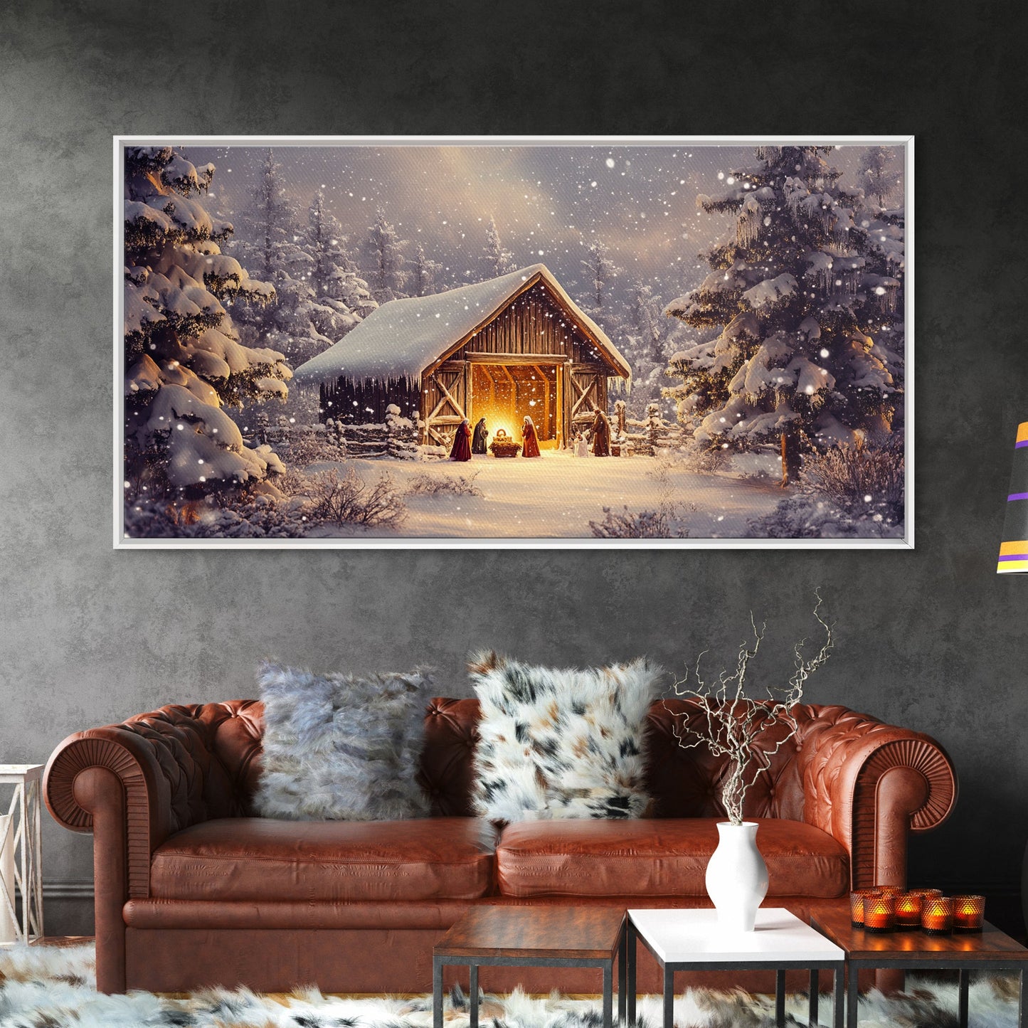 Nativity Scene Framed Canvas Print, Jesus in His Manger, Christmas Wall Art, Christmas Centerpiece Art, Nativity Oil Painting