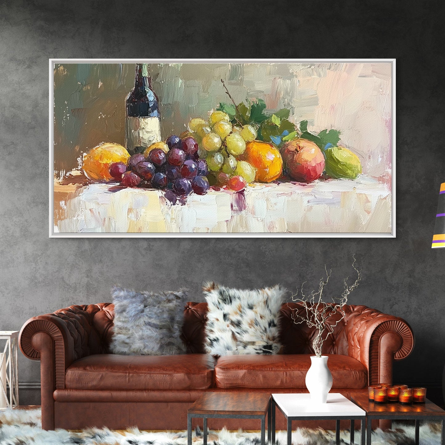 Still Life of Grapes, Fruit and Wine, Framed Canvas Print, Eclectic Kitchen Home Decor, Kitchen Wall Art, Dining Room Wall Art, Art For Kitchen