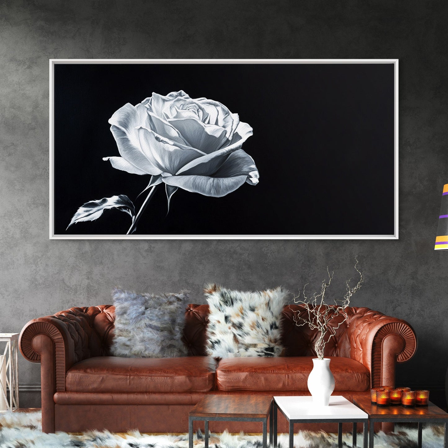 Large White Rose Painting Canvas Print, Flower Painting, Floral Decor, Moody Centerpiece Painting, Above Mantle Wall Art, Above Sofa Wall Art