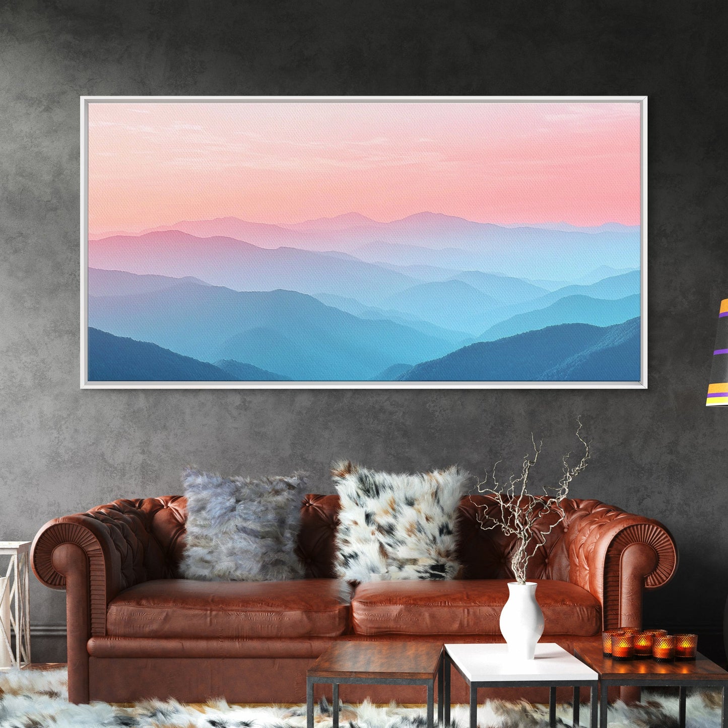 Vaporwave Landscape Painting Print of The Blue Ridge Mountains, Framed Canvas Print, Foggy Mountain Landscape Painting, Ready To Hang Art