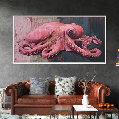 Pink Octopus Framed Canvas Print - Wabi Sabi Style Minimalist Wall Art - Octopus Painting