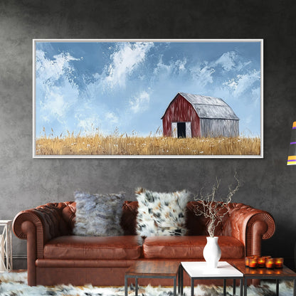 Old Building Farm In A Wheat Field, Framed Canvas Painting Print, Panoramic Rural Landscape Wall Art Rustic Barn Country Side Ready To Hang