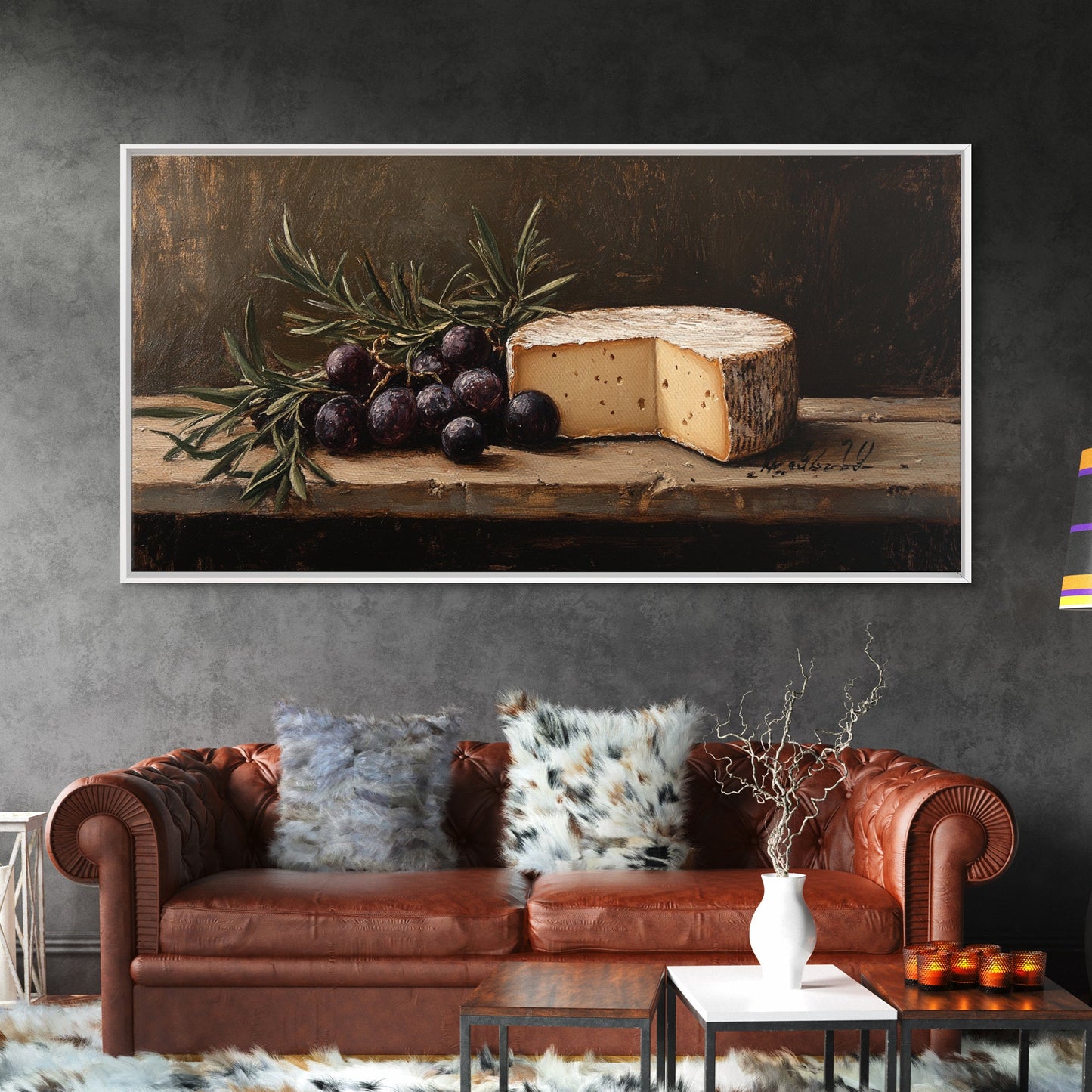 Still Life of FIgs and Cheese - Framed Canvas Print Ready To Hang Wall Art - Oil Painting Of Cheese, Cheese Painting, Kitchen Art