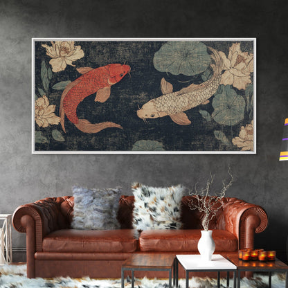 Wabi Sabi Koi Fish Painting Print, Japanese Style Artwork, Elegant Wall Art, Living Room or Bedroom Wall Art, Ready To Hang Canvas