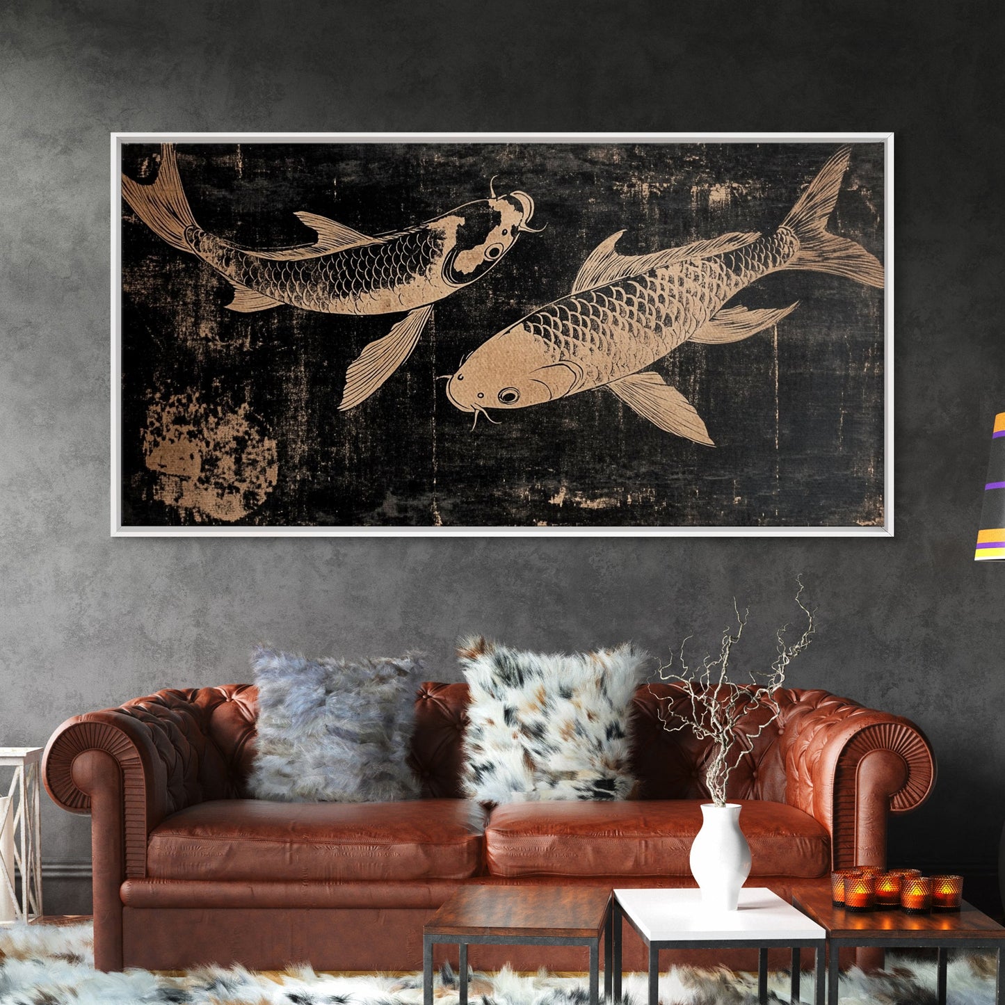 Black and White Koi Fish Oil Painting Print, Elegant Japanese Style Wood Block Print Artwork, Canvas Print Ready To Hang, Centerpiece Art