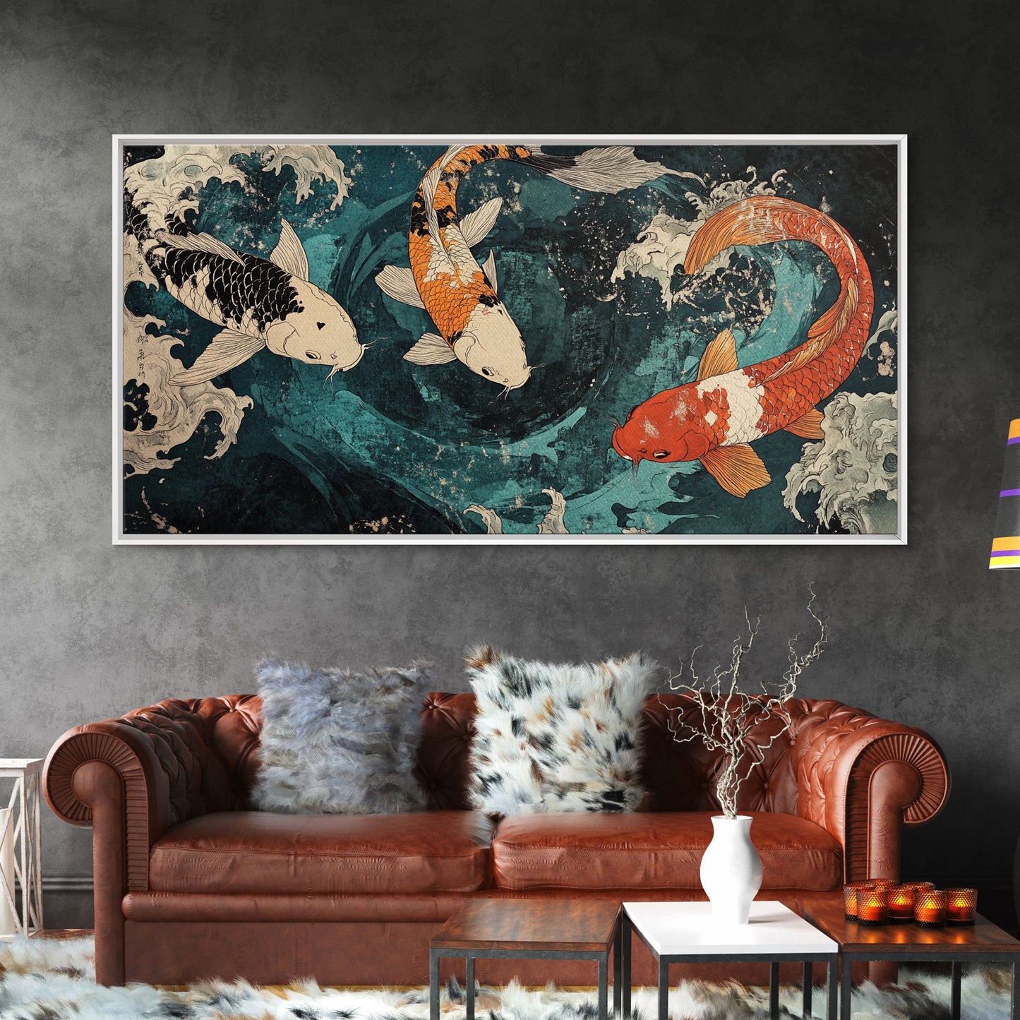 Large Oil Painting of Koi Fish Canvas Print, Vibrant Koi Fish Wabi Sabi Japanese Style Artwork, Minimalist Home Decor Living Room Wall Art