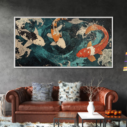 Large Oil Painting of Koi Fish Canvas Print, Vibrant Koi Fish Wabi Sabi Japanese Style Artwork, Minimalist Home Decor Living Room Wall Art