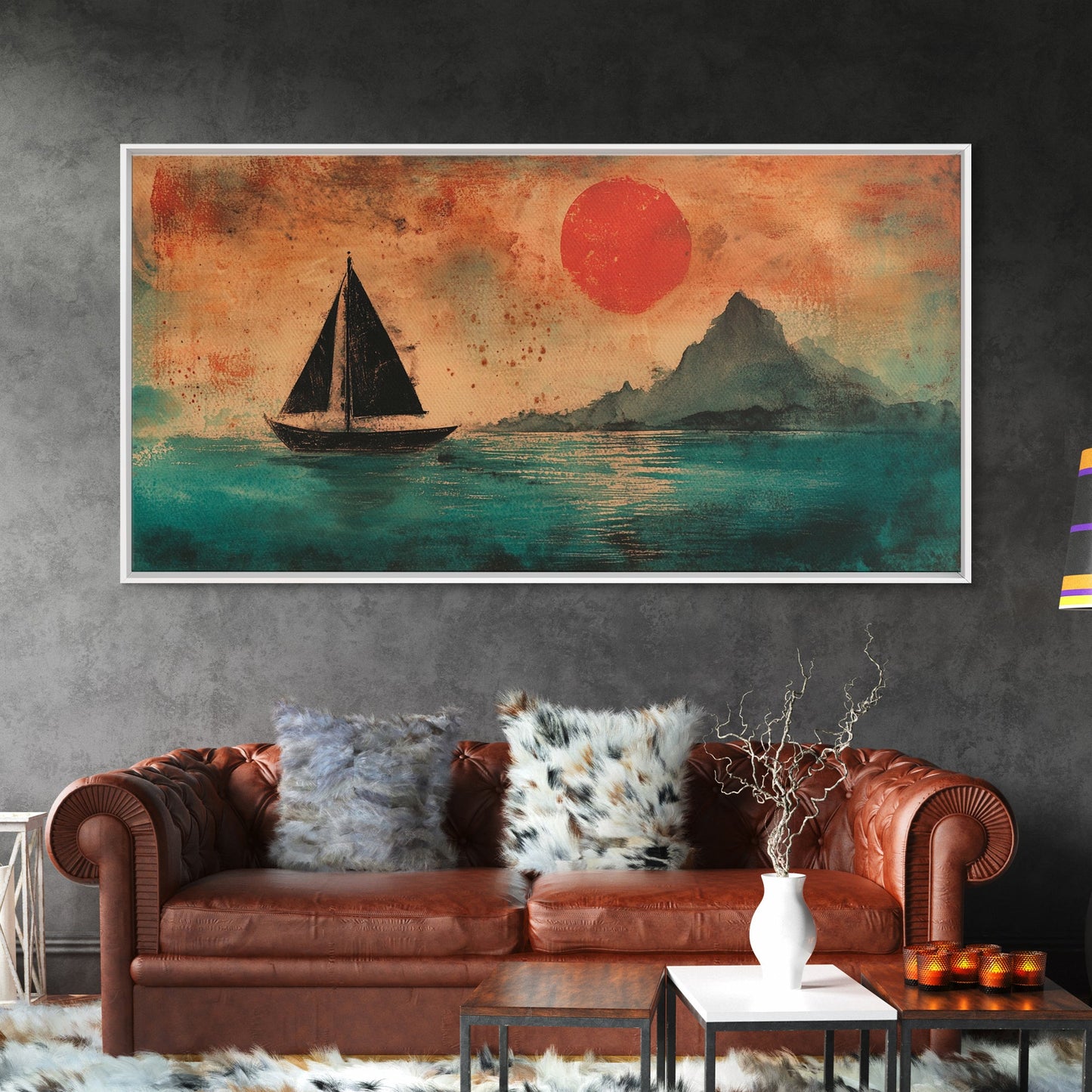 Wabi Sabi Wall Art, Japanese Sailboat Painting Print, Framed Canvas, Ocean Art, Beach House Decor, Bedroom Wall Art, Nautical Wall Art