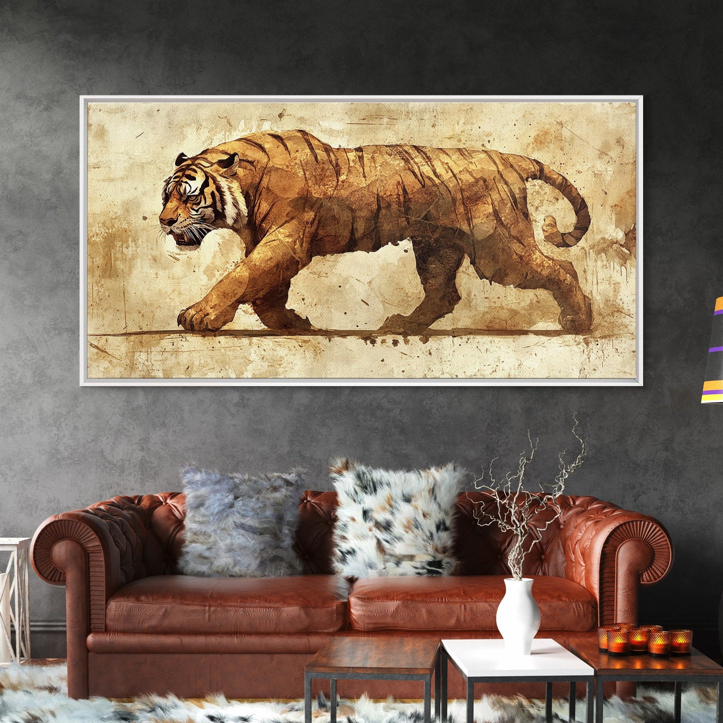 Tiger On The Hunt, Framed Canvas Print, Wabi Sabi Tiger Painting, Elegant Japanese Style Artwork