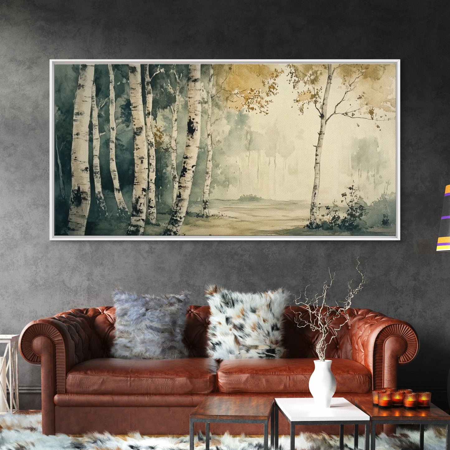 Mountain Forest Landscape Canvas Wall Art, Abstract Birch Tree Forest Watercolor Painting Print, Aspen Trees Colorado Wall Art