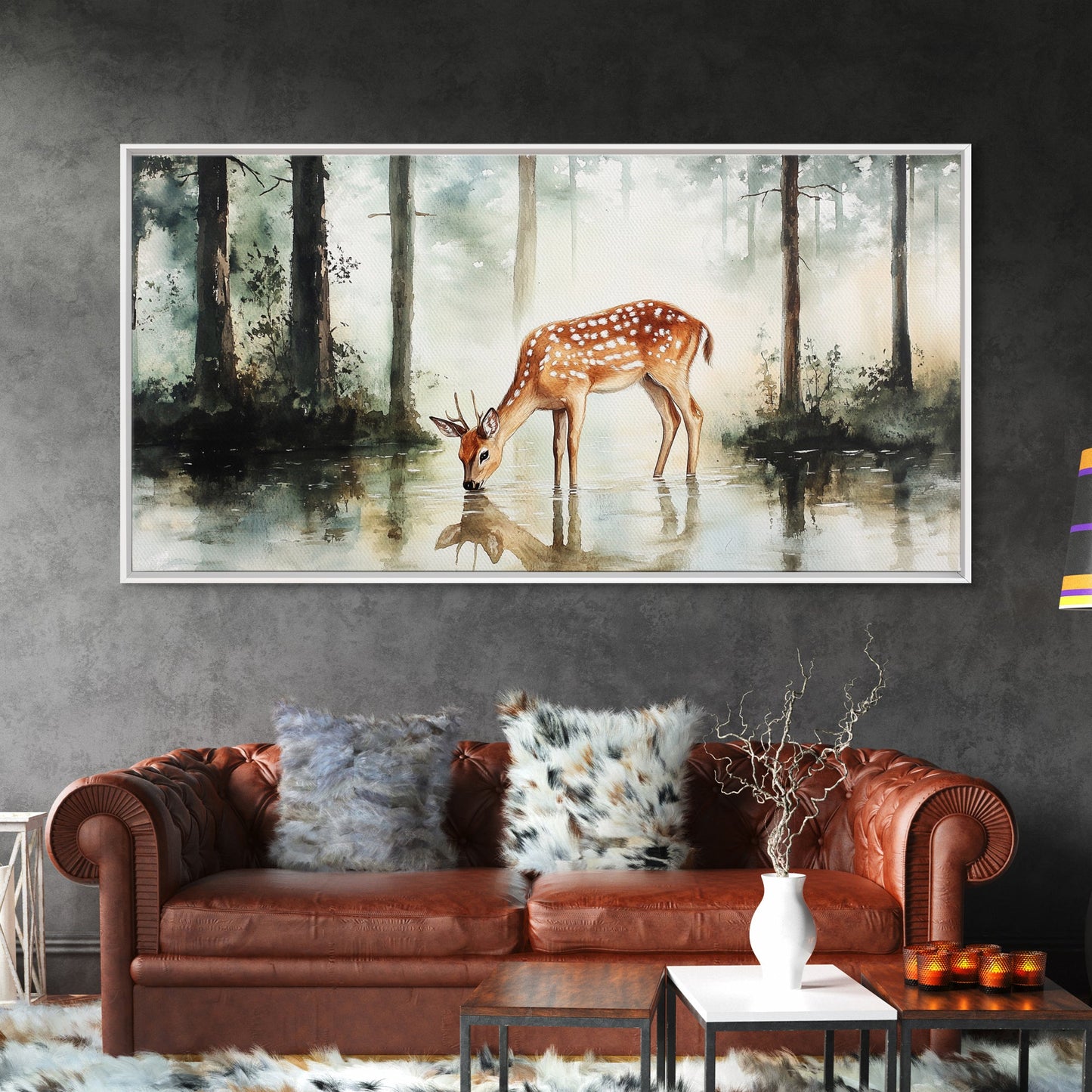 Rustic Farmhouse or Cabin Wall Art Painting of a Deer Drinking Water In The Forest, Minimalist Farmhouse Decor, Framed Canvas Print