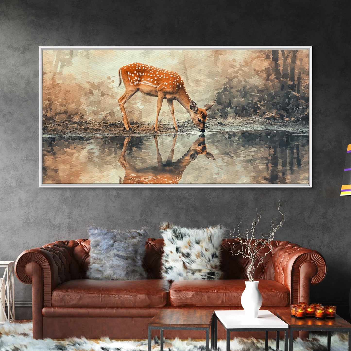 Reflection of a Deer Drinking Water - Framed Canvas Print - Cute Farmhouse Wall Art - Farmhouse Decor