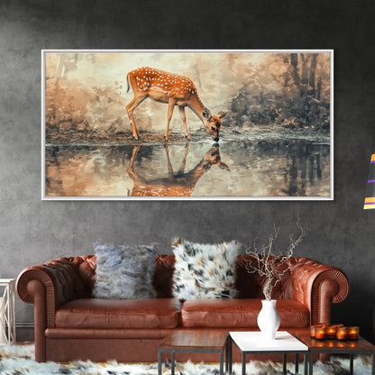 Reflection of a Deer Drinking Water - Framed Canvas Print - Cute Farmhouse Wall Art - Farmhouse Decor