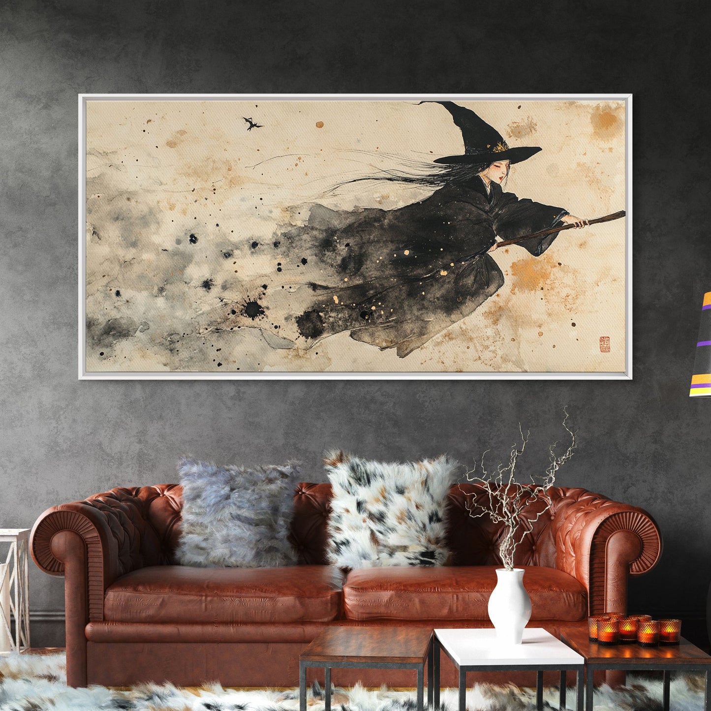 Wabi Sabi Witch Rides Her Broom - Framed Canvas Print - Witch Painting - Witchy Wall Art - Witch Decor
