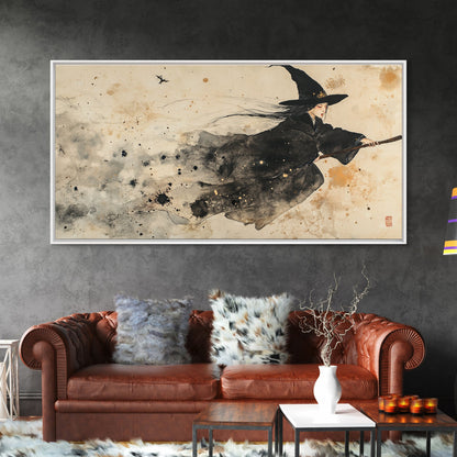 Wabi Sabi Witch Rides Her Broom - Framed Canvas Print - Witch Painting - Witchy Wall Art - Witch Decor