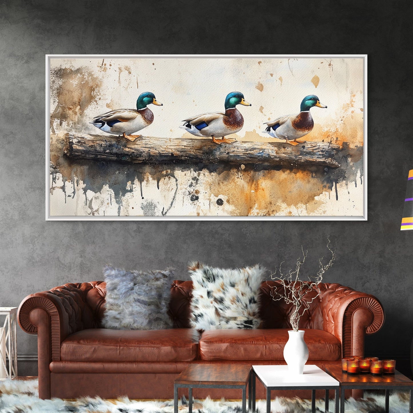 Rustic Duck Painting Canvas Print, 3 Ducks On A Log, Framed Canvas Nature Painting, Landscape Painting, Nature Art, Meadow Painting Cabin Art
