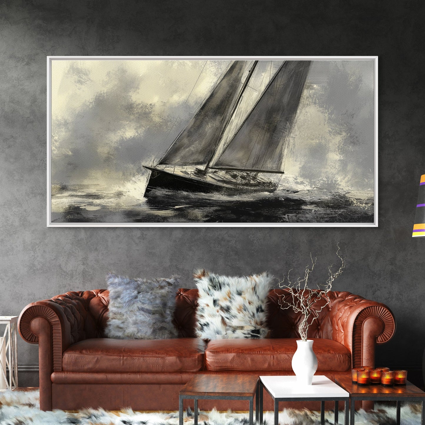 Black and White Charcoal Sketch Print of a Sailboat In a Storm, Framed Canvas Print, Nautical Wall Art, Nautical Home Decor