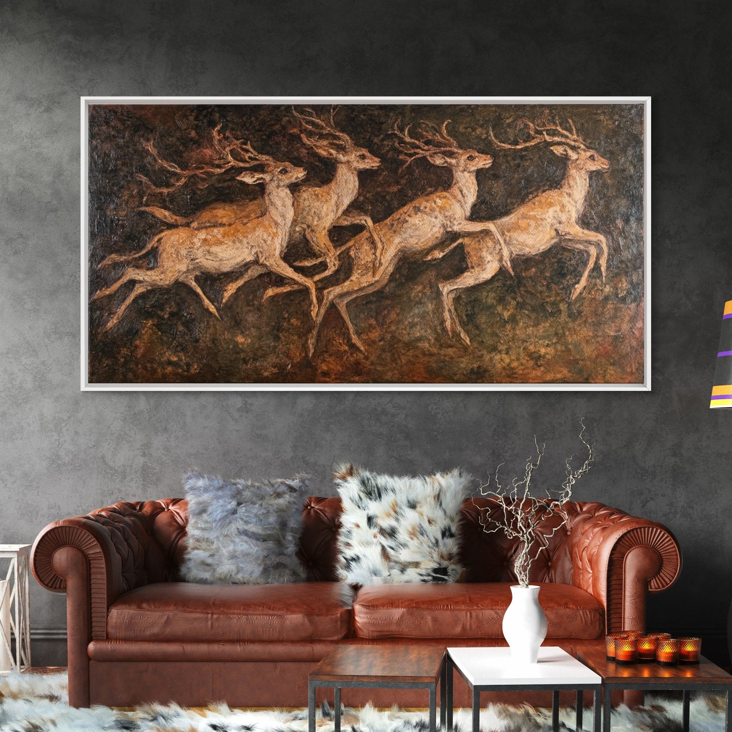 Deer In The Forest 19th Century Folk Art Style Canvas Print, Folk Art Oil Painting Print, Liminal Art, Abstract Painting Home Decor