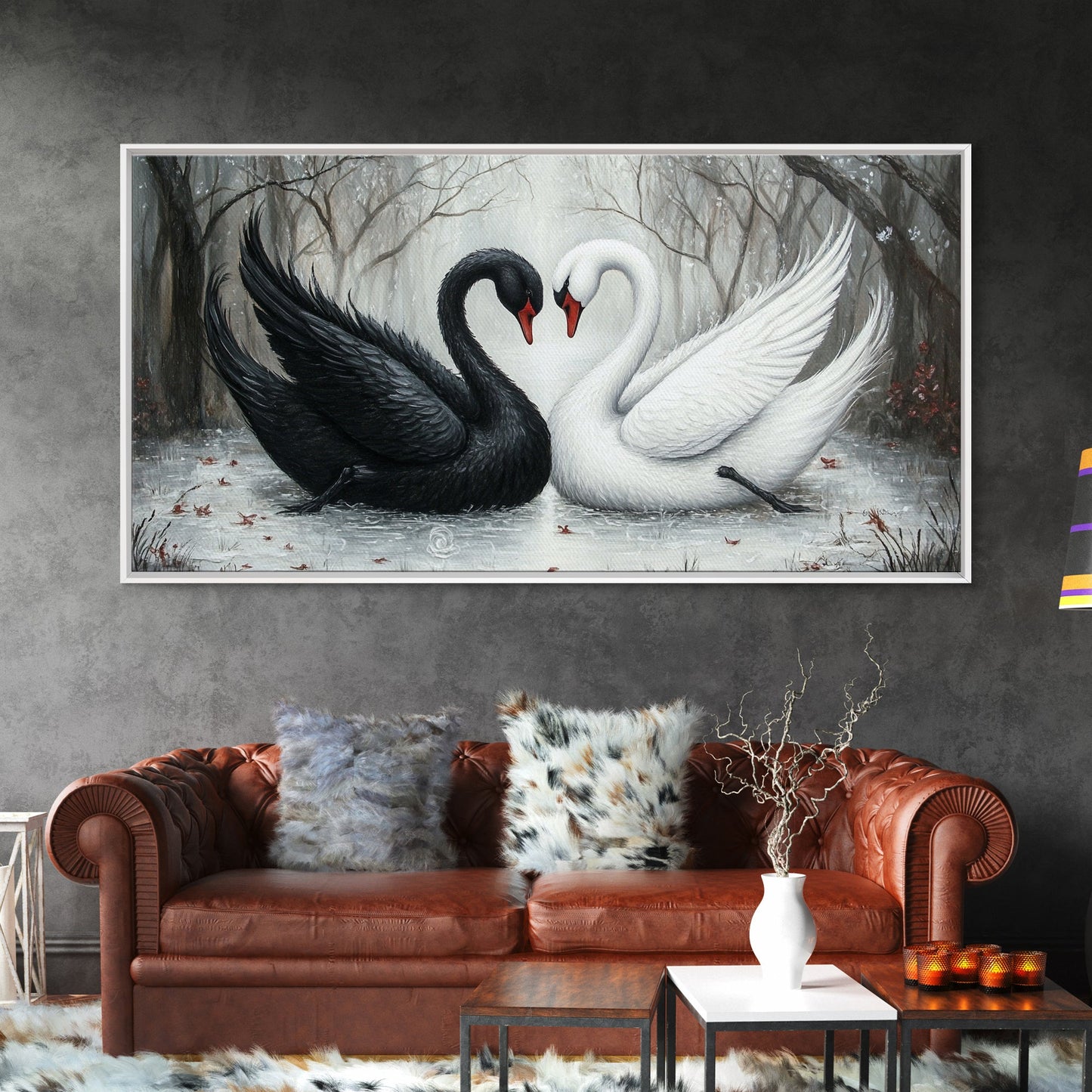 Dark Swans Forming a Heart - Framed Canvas Print - Dark Romance Wall Art - Dark Academia Art - Couple Gift Idea - Goth Art - Gothic Decor