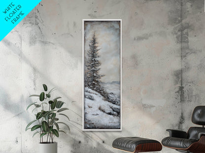 Framed Canvas Print Winter Pine Tree Art Rustic Landscape Wall Art Tall Narrow Art Cozy Cabin Decor Above Sofa Art