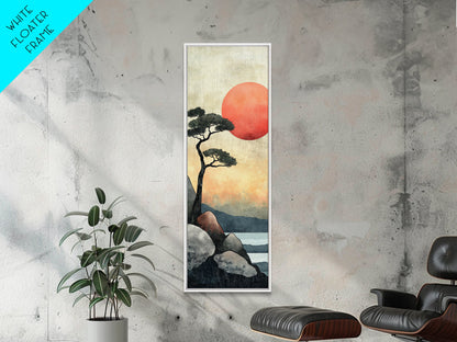 Japanese Landscape with Sunset Canvas Print, Red Sun Over Mountains, Minimalist Nature Art, Coastal Wall Art, Framed Canvas Print, Boho Decor