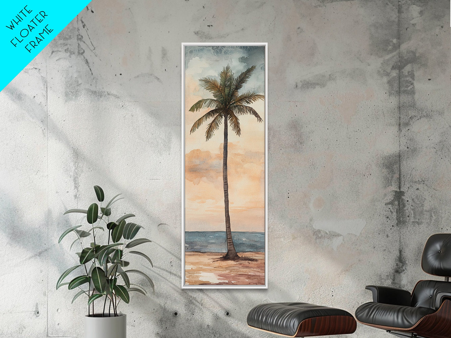Framed Canvas Print Coastal Palm Tree Art, Sunset Beach Scene, Tropical Coastal Wall Art, Nautical Decor, Skinny Wall Art Gift Idea