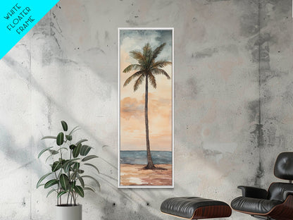 Framed Canvas Print Coastal Palm Tree Art, Sunset Beach Scene, Tropical Coastal Wall Art, Nautical Decor, Skinny Wall Art Gift Idea