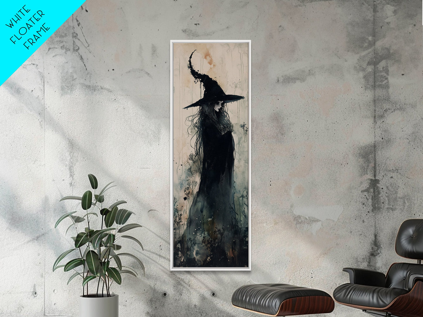Mystical Witch in Black Forest Art - Framed Canvas Print for Halloween, Gothic Decor, Witch Art, Dark Home Decor, Long Wall Art