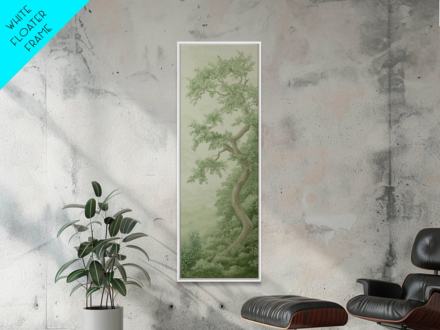 Misty Green Botanical Scene - Framed Canvas Print Showcasing Wabi Sabi Art Style with Tranquil Tree Landscape