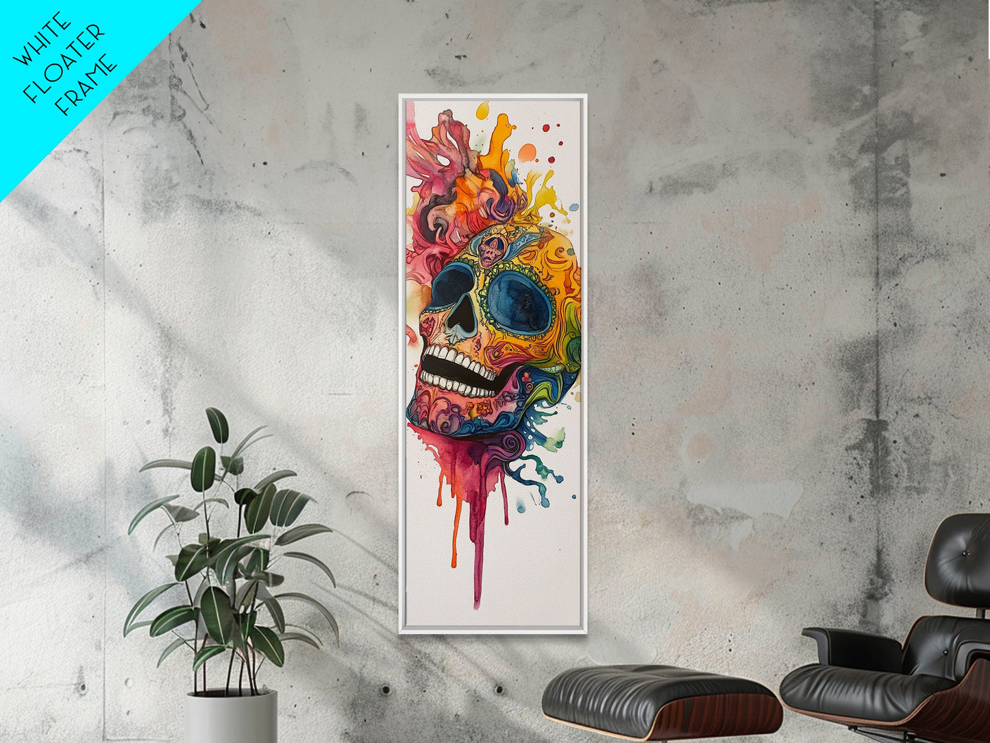 Sugar Skull Painting Print, Mexicano Wall Art, Framed Canvas, Tall Narrow Art, Skinny Accent Piece, Skull Painting, Skull Art, Chicano Art
