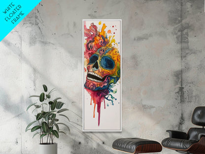 Sugar Skull Painting Print, Mexicano Wall Art, Framed Canvas, Tall Narrow Art, Skinny Accent Piece, Skull Painting, Skull Art, Chicano Art