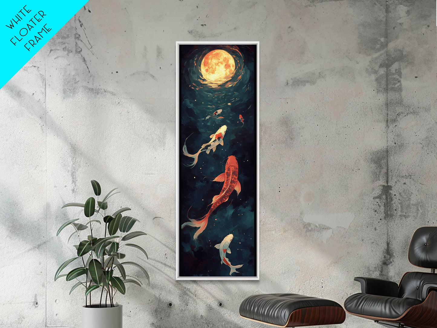Koi Fish Under a Full Moon, Framed Canvas Print, Wabi Sabi Home Decor, Funky Boho Wall Art, Tall Skinny Art, Narrow Tall Wall Art
