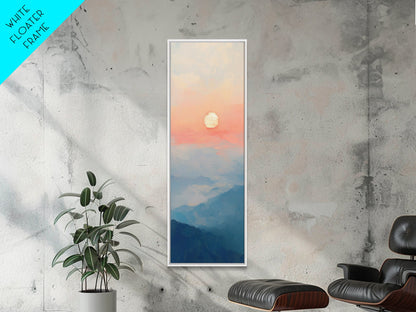 Wabi Sabi Sunset Oil Painting Print, Framed Canvas, Coastal Decor, Sunrise Over The Mountains, Boho Style Wall Art, Tall Narrow Wall Art