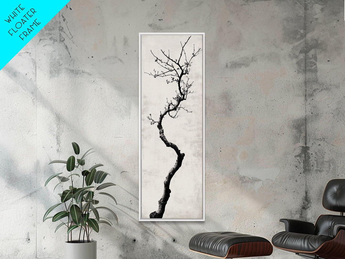 Framed Canvas Print of Minimalist Birch Tree Art in Black and White, Wabi Sabi Art, Rustic Wall Art, Above Bed Wall Art, Tall Skinny Art, Japanese Aesthetic