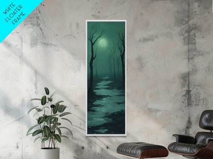 Framed Canvas Print of Forest at Dusk Painting in Teal, Moody Art, Dark Romance Painting, Above Bed Wall Art, Tall Narrow Art, Unique Gift Idea