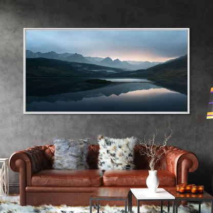 Calm Reflection Of A Lake and Mountains, ready to hang canvas print wall art, Lakehouse Cabin Wall Decor