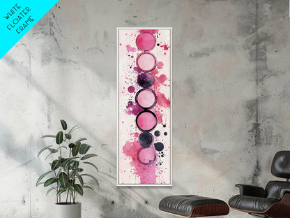 Makeup Palette Canvas Print, modern pink abstract art with splatter design, bold vertical wall art, unique wabi sabi minimalist print.