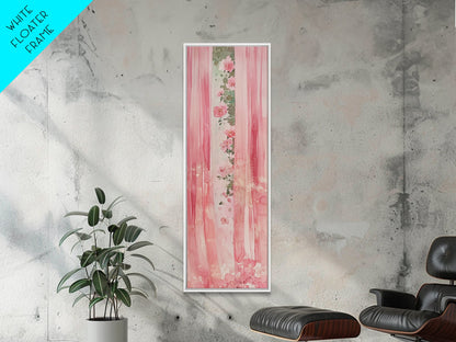 Pink Floral Curtains Framed Canvas Print Whimsical Art Light Pink Wall Art Vertical Wall Art Minimalist Art Rustic Decor Gift