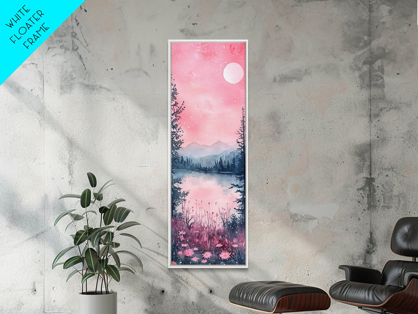 Moonlit Pink Forest Canvas Print, Moody Mountain Landscape Painting, Wildflower Rustic Vertical Wall Art, Cozy Living Room Decor