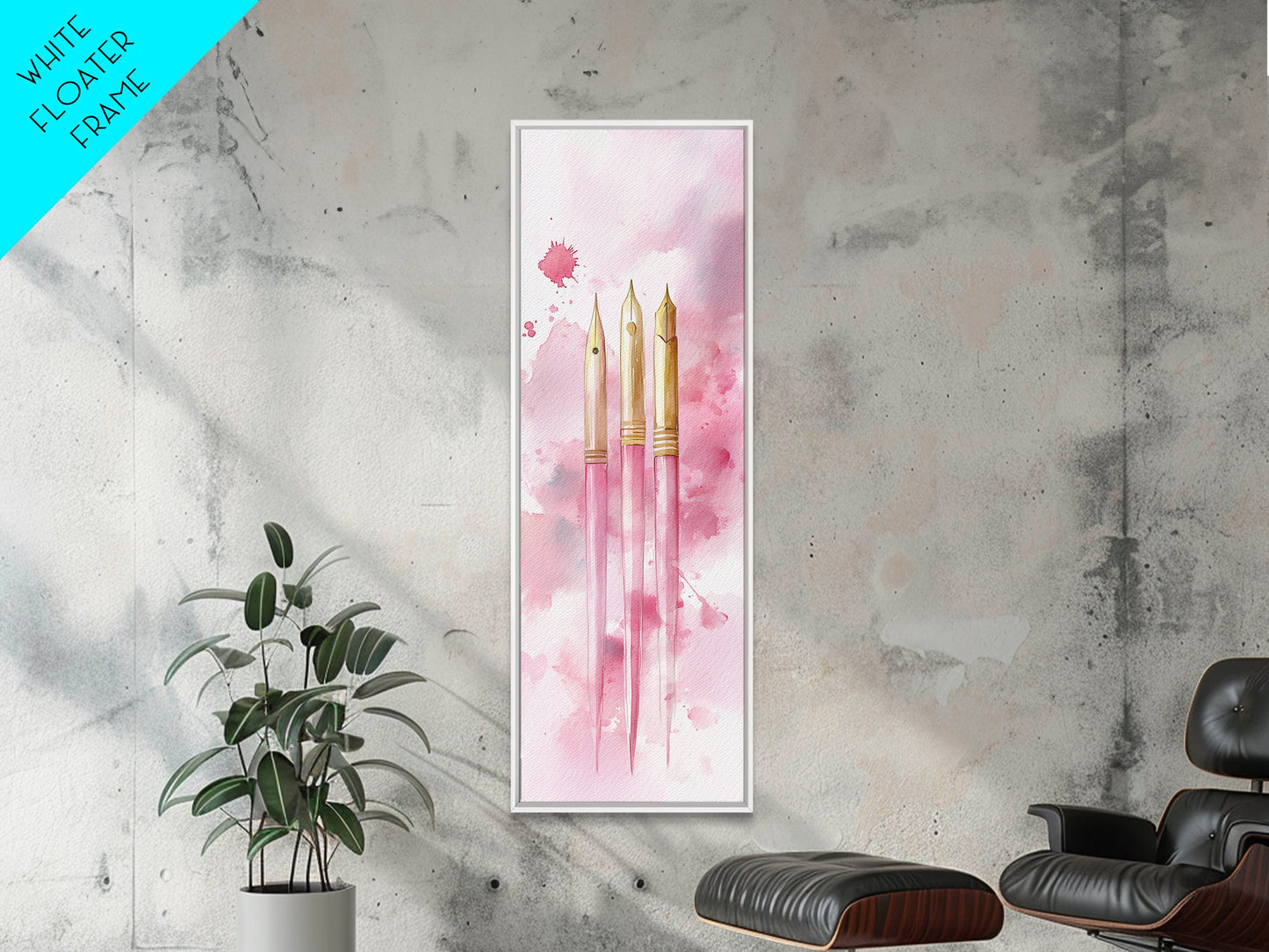 Pink Fountain Pens Canvas Print Whimsical Art Writer’s Gift Minimalist Art Living Room Decor Unique Office Wall Art Illustration
