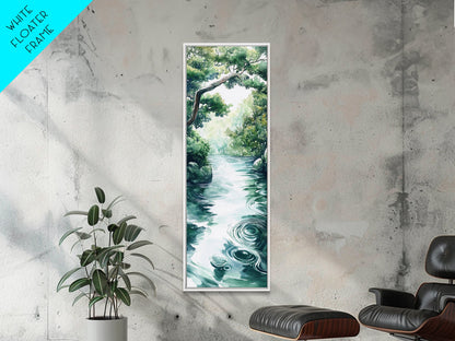 Serene Forest Stream Framed Canvas Print Coastal Landscape Art Green Wall Art Rustic Decor Vertical Art Guest Room Wall Decor