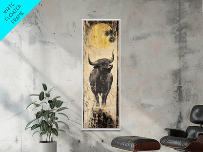 Modern Bull Artwork Framed Canvas Print, Rustic Animal Wall Art, Farmhouse Decor, Vertical Skinny Art, Pine Tree Moonlight Scene
