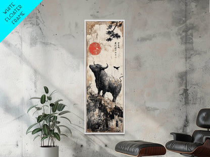 Rustic Buffalo Art Canvas Print, Wabi Sabi Minimalist Decor, Red Sun Vertical Art, Farmhouse Living Room Rustic Wall Artwork