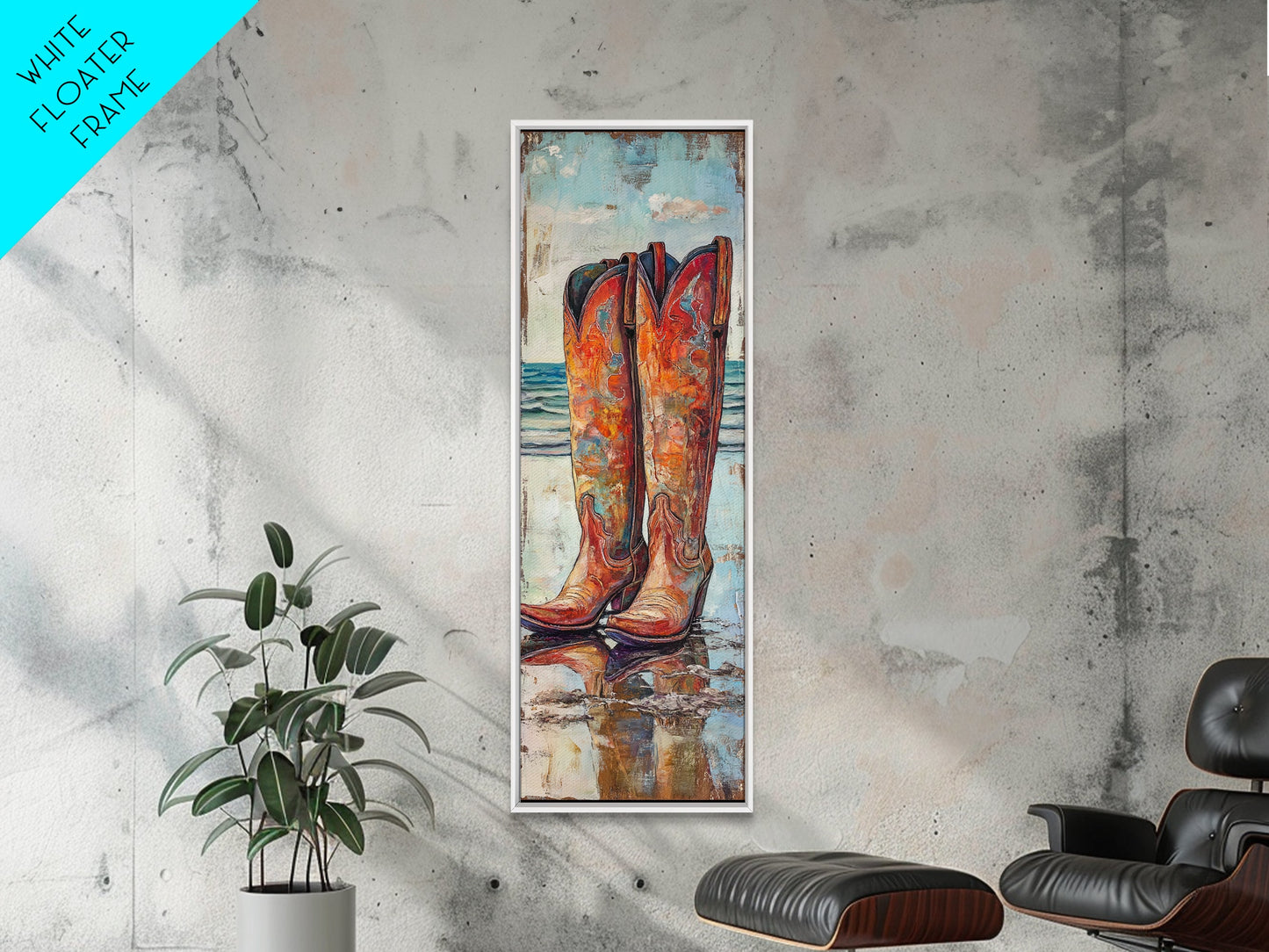 Rustic Cowboy Boots Canvas Print, Coastal Cowgirl Wall Art, Farmhouse Rustic Decor, Western Style Vertical Skinny Artwork