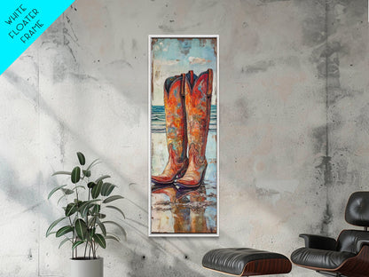 Rustic Cowboy Boots Canvas Print, Coastal Cowgirl Wall Art, Farmhouse Rustic Decor, Western Style Vertical Skinny Artwork