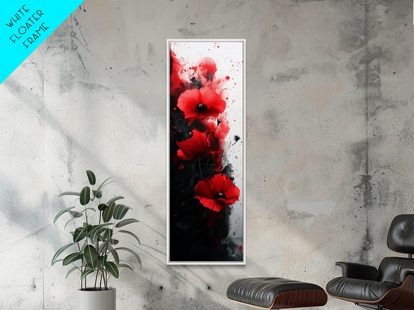 Dramatic Poppy Art Black and White Red Wall Art Framed Canvas Print California Poppy Art Rustic Home Decor Tall Skinny Art