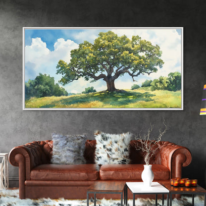 Sprawling Oak Tree Canvas Print Rustic Wall Art Panoramic Painting Nature Scene Bedroom Decor Horizontal Artwork Farmhouse Wall Art