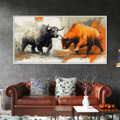 Moderner Leinwanddruck mit Stier und Bär, gerahmt, Geschenkidee, Kunst für den Finanzmarkt, Wanddekoration, rustikale Kunst über dem Sofa
