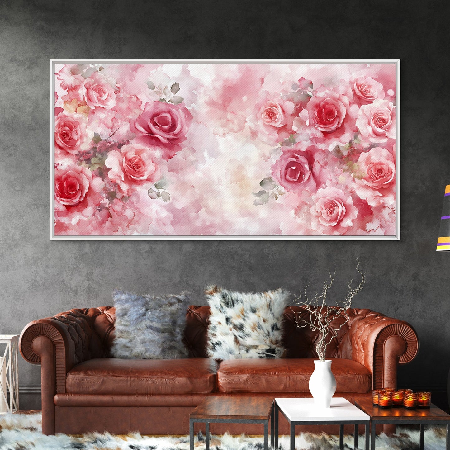 Romantic Rose Painting Framed Canvas Print Featuring Rose Painting and Pink Wall Art Botanical Prints Rustic Art Living Room Decor