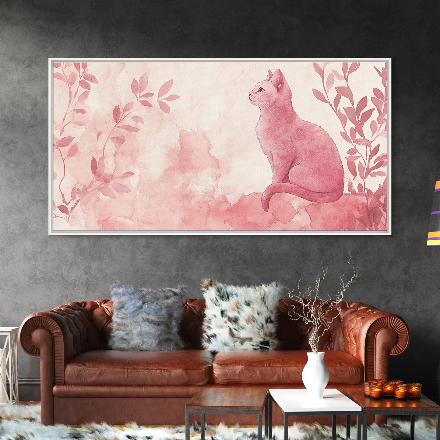 Whimsical Pink Cat Canvas Print Featuring Pink Wall Art Minimalist Art Botanical Prints Light Pink Wall Art Farmhouse Rustic Decor